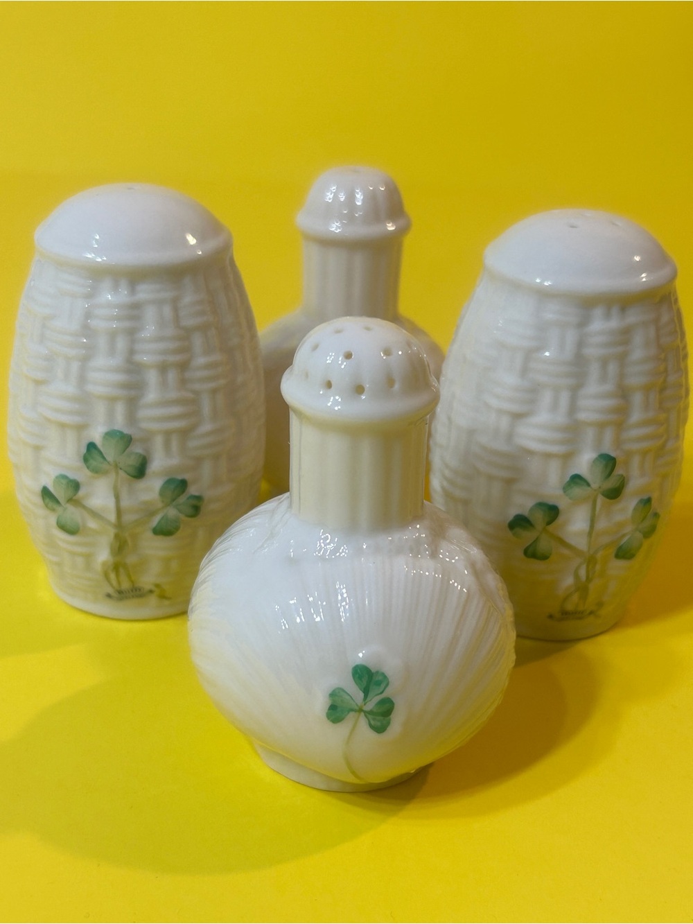 Belleek Shamrock Salt & Pepper Shaker Collector's Set 4 Pieces